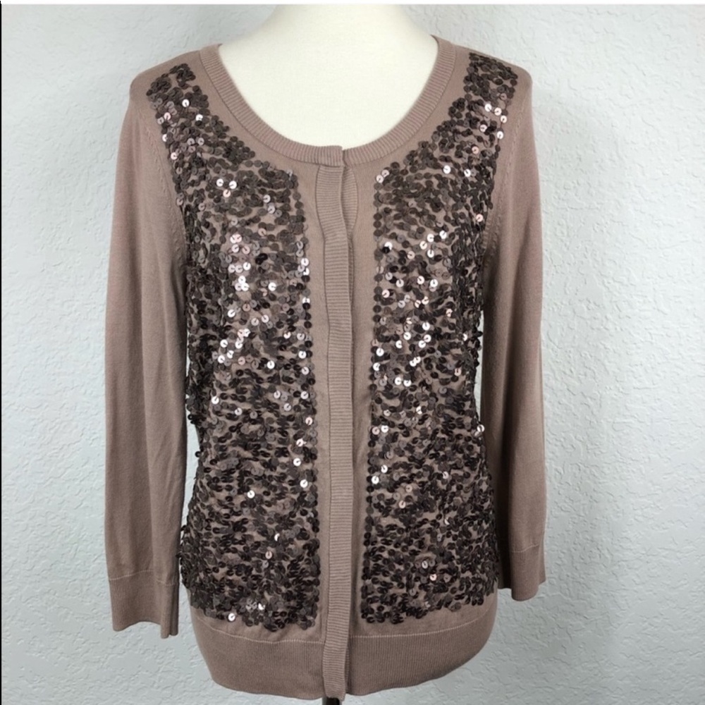 Talbots • sequin sparkle cardigan sweater brown tan